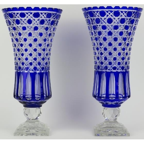 69 - A large pair of Bohemian cobalt blue and clear cut glass vases, 20th century. (2 items) 43.2 cm heig... 