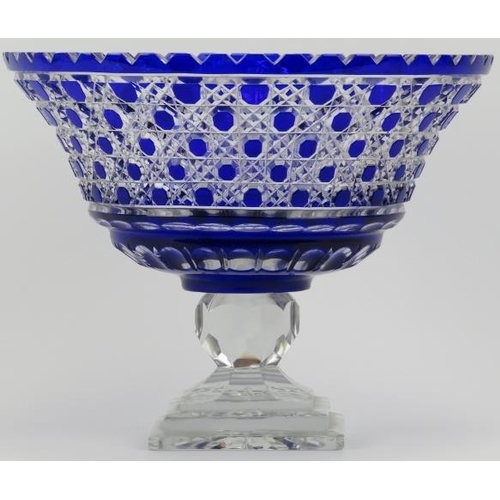 70 - A large Bohemian cobalt blue and clear cut glass comport, 20th century. 23.6 cm height, 29.9 cm diam... 