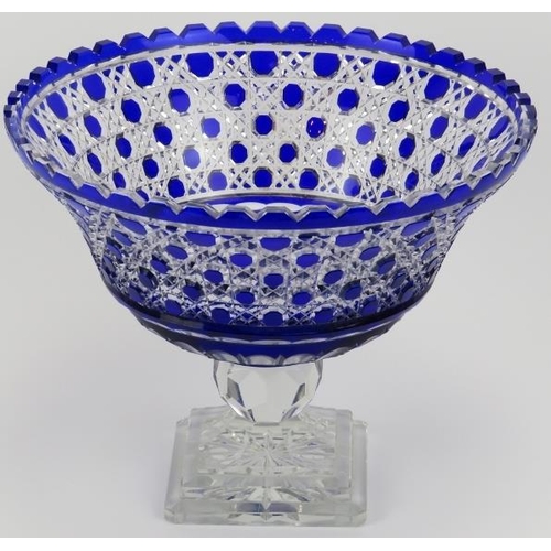 70 - A large Bohemian cobalt blue and clear cut glass comport, 20th century. 23.6 cm height, 29.9 cm diam... 