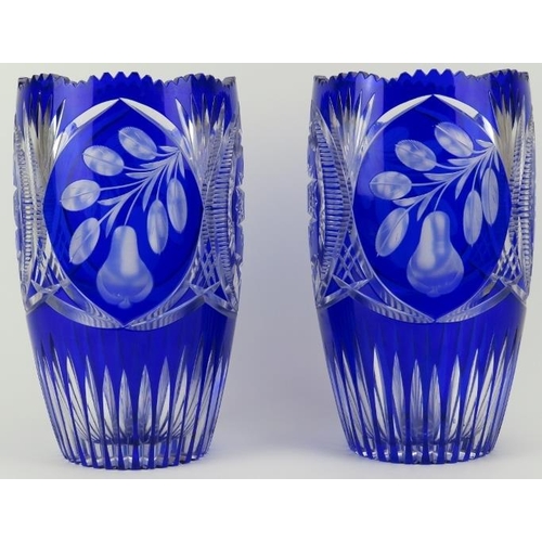 73 - A large pair of Bohemian cobalt blue and clear cut glass vases, 20th century. (2 items) 30 cm height... 