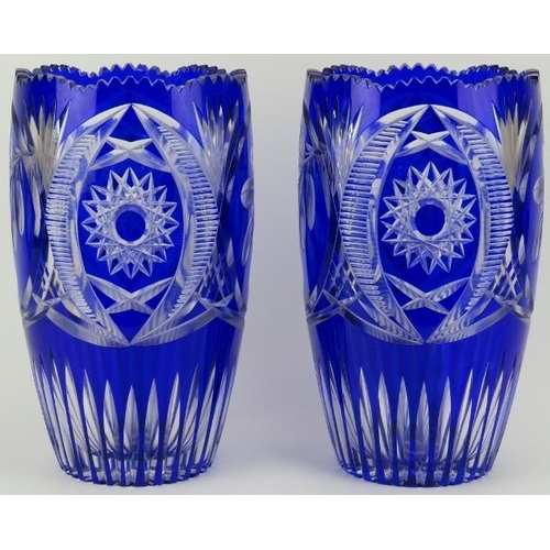 73 - A large pair of Bohemian cobalt blue and clear cut glass vases, 20th century. (2 items) 30 cm height... 