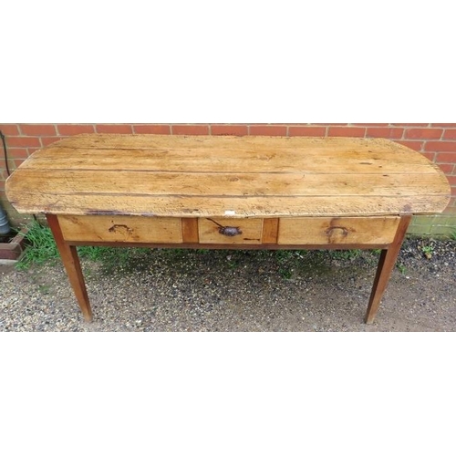 704 - A rustic antique French chestnut farmhouse table, having three drawers to one side with cast iron sc... 