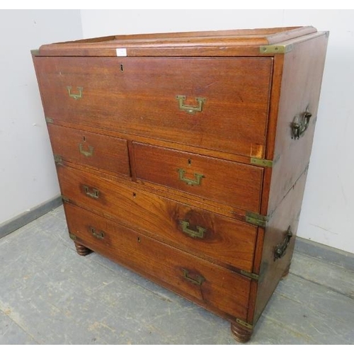 705 - A 19th century camphorwood brass mounted campaign secretaire chest, the fall front opening onto a fi... 