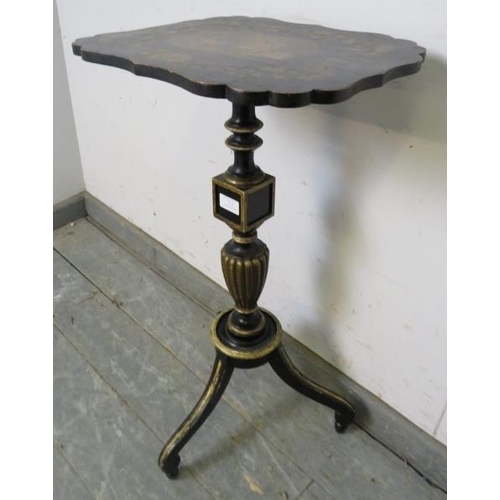 712 - A Regency Period ebonised occasional table, the shaped top with hand-painted central panel amidst a ... 