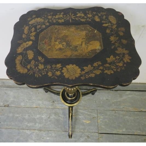 712 - A Regency Period ebonised occasional table, the shaped top with hand-painted central panel amidst a ... 