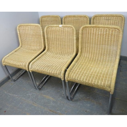 714 - A set of six mid-century Italian dining chairs, the cantilever tubular chrome frames with woven wick... 