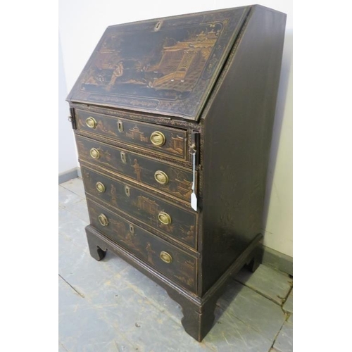 718 - A good Regency Period Chinoiserie bureau of small proportions, profusely decorated with Oriental mot... 