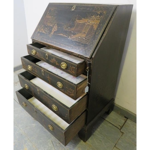 718 - A good Regency Period Chinoiserie bureau of small proportions, profusely decorated with Oriental mot... 