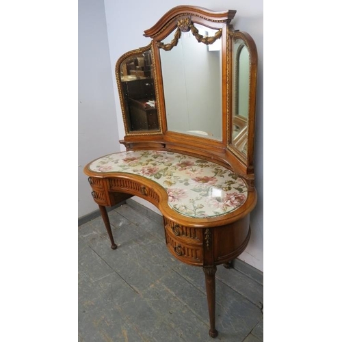 721 - An antique French fruitwood kidney shaped dressing table to match previous lot, the triptych mirror ... 