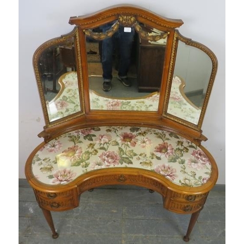 721 - An antique French fruitwood kidney shaped dressing table to match previous lot, the triptych mirror ... 