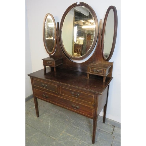 738 - An Edwardian mahogany dressing table to match previous lot, parquetry strung and having triptych ova... 