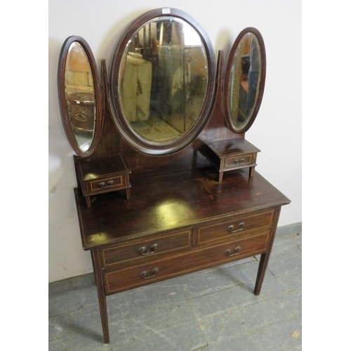 738 - An Edwardian mahogany dressing table to match previous lot, parquetry strung and having triptych ova... 