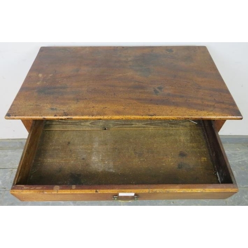 746 - A George III mahogany side table, having one long frieze drawer above shaped apron, on tapering squa... 