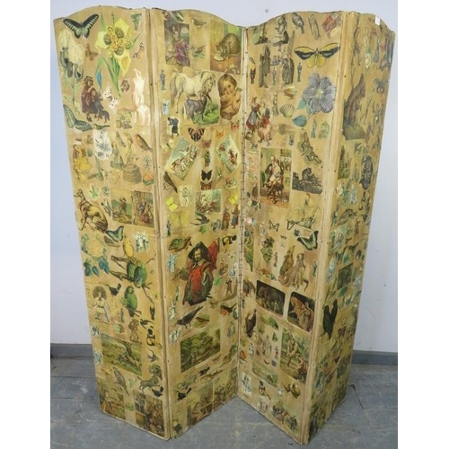 758 - A Victorian four-section folding screen with applied decoupage decoration depicting a multitude of f... 