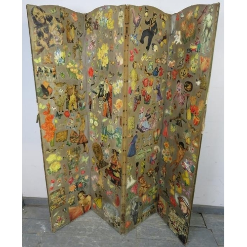 758 - A Victorian four-section folding screen with applied decoupage decoration depicting a multitude of f... 