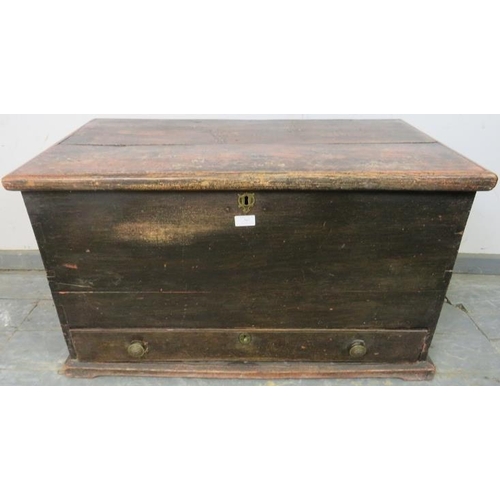 762 - A 19th century, stained pine mule chest, having cast drop ring handles to either side and one long d... 