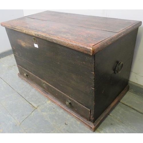 762 - A 19th century, stained pine mule chest, having cast drop ring handles to either side and one long d... 