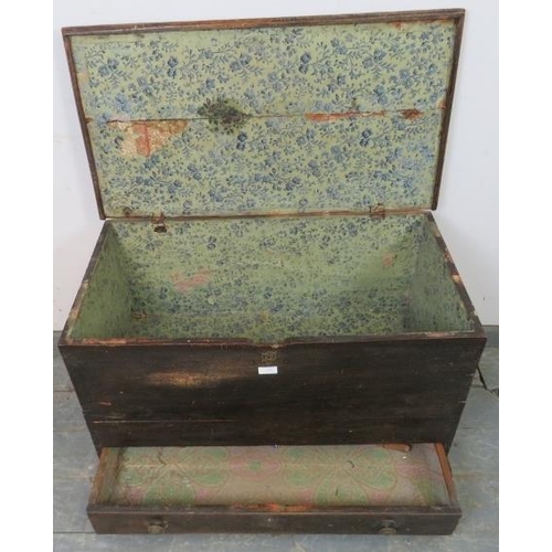 762 - A 19th century, stained pine mule chest, having cast drop ring handles to either side and one long d... 