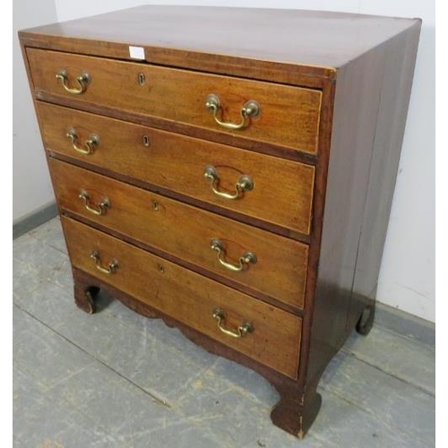 767 - An 18th century mahogany chest of small proportions, housing four long drawers with satinwood bandin... 