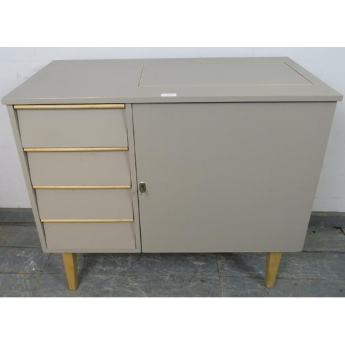 770 - A mid-century sewing table painted grey, the louvred front enclosing four blind drawers, opposite a ... 