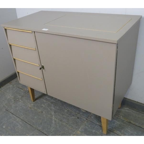 770 - A mid-century sewing table painted grey, the louvred front enclosing four blind drawers, opposite a ... 