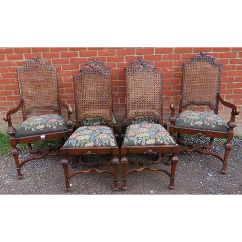 774 - A set of 6 (4+2) early 20th century walnut dining chairs by James Shoolbred, having shell carved cor... 