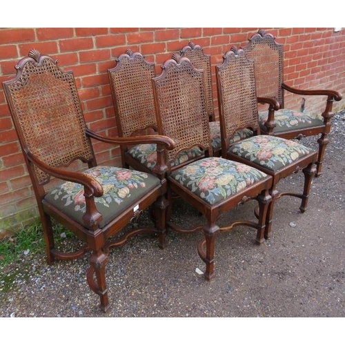 774 - A set of 6 (4+2) early 20th century walnut dining chairs by James Shoolbred, having shell carved cor... 