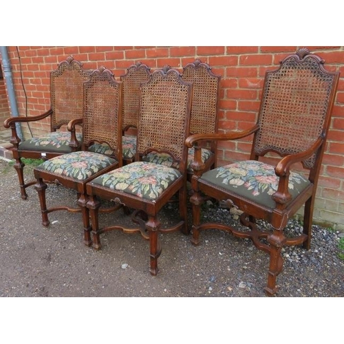 774 - A set of 6 (4+2) early 20th century walnut dining chairs by James Shoolbred, having shell carved cor... 