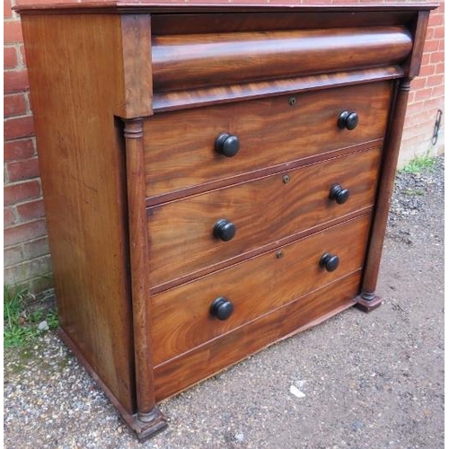 781 - A 19th mahogany Scottish chest, having one blind drawer above three long drawers with turned wooden ... 