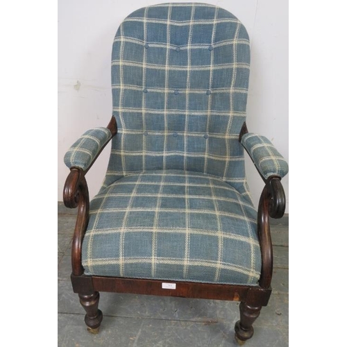 784 - A late Georgian Cuban mahogany open-sided armchair, reupholstered in chequered blue woollen material... 