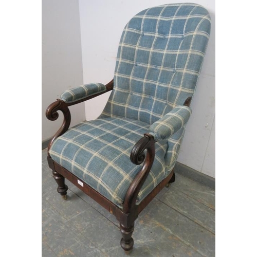 784 - A late Georgian Cuban mahogany open-sided armchair, reupholstered in chequered blue woollen material... 