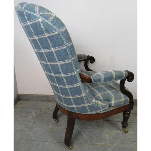 784 - A late Georgian Cuban mahogany open-sided armchair, reupholstered in chequered blue woollen material... 