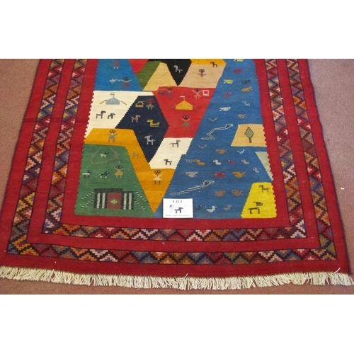 912 - South West Persian Qashqai Kilim rug. A colourful happy rug with styalised animals and bold colours.... 