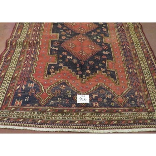 916 - North East Persian Sumak Kilim central, three interlocking diamond motif, pale red on blue ground, 2... 