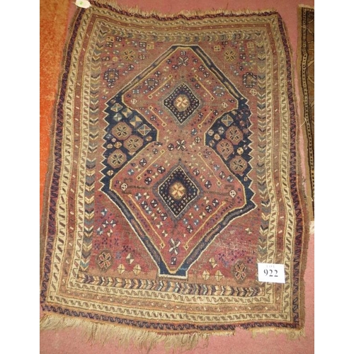 922 - Two antique Persian rugs, one 142cm x 107cm, the other 107cm x 78cm.
Condition report: Some wear and... 