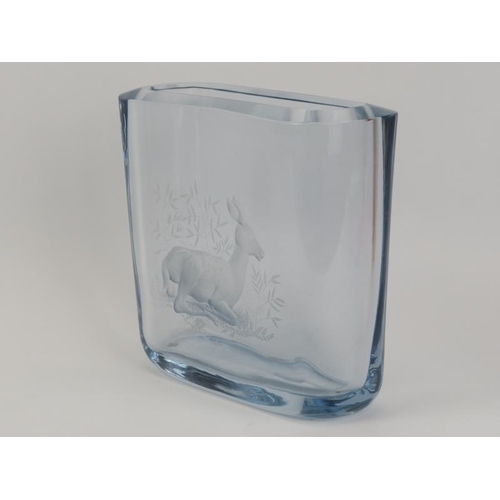 11 - A Strombergshyttan Swedish ice coloured crystal glass vase engraved with a recumbent deer, 20th cent... 