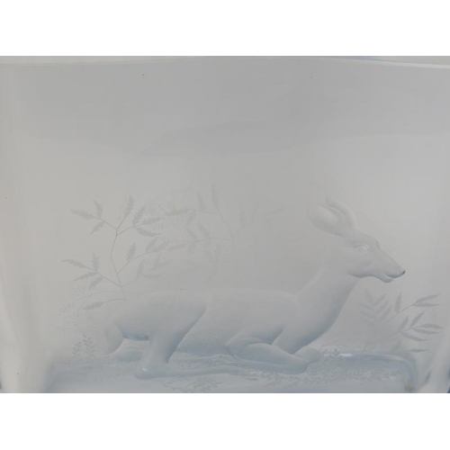 11 - A Strombergshyttan Swedish ice coloured crystal glass vase engraved with a recumbent deer, 20th cent... 