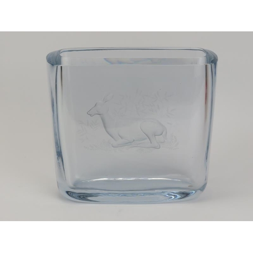 11 - A Strombergshyttan Swedish ice coloured crystal glass vase engraved with a recumbent deer, 20th cent... 