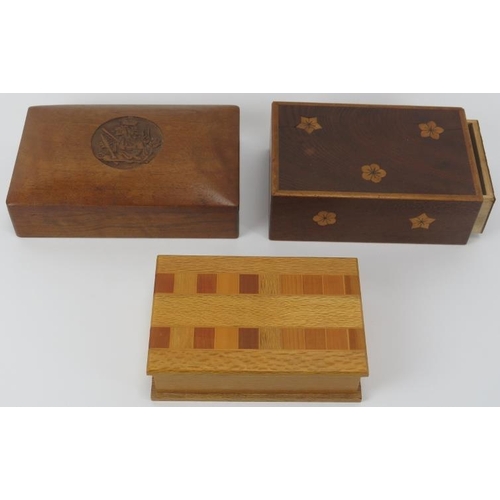 122 - Three carved and parquetry inland wood trinket and cigarette boxes, 20th century. Cigarette box: 20 ... 