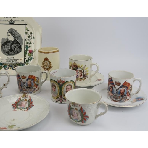 173 - A collection of Royal Commemorative Jubilee and Coronation printed ceramic cups, mugs, saucers and a... 