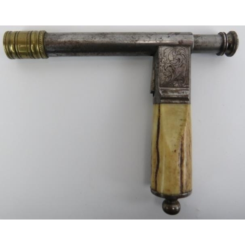 178 - A European steel, brass and antler handled percussion walking stick pistol, 19th century. 85.4 cm le... 