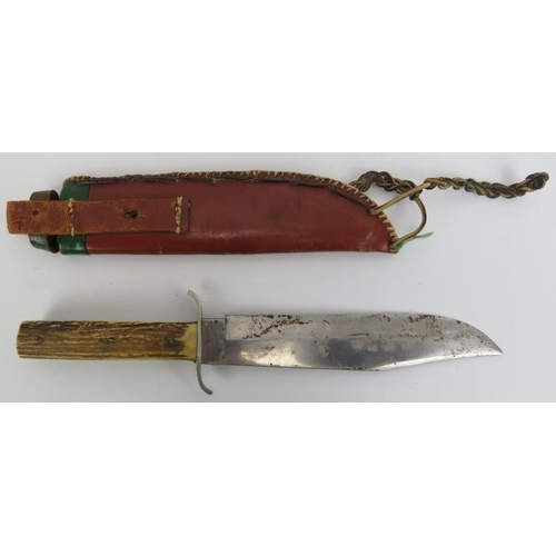 179 - A German Solingen Bowie hunting knife. With antler handle and leather sheath. Ricasso marked ‘G. C. ... 