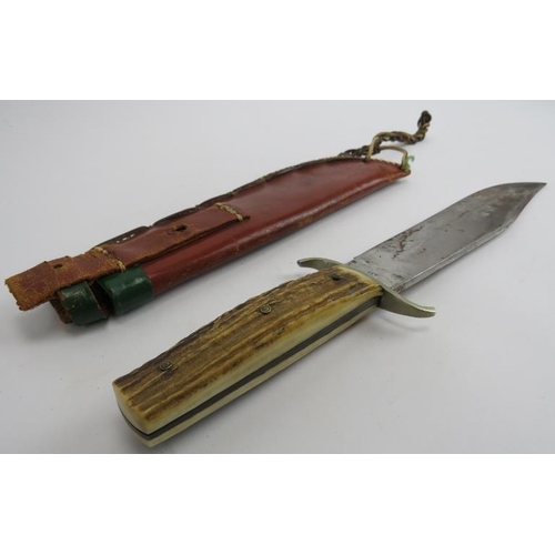 179 - A German Solingen Bowie hunting knife. With antler handle and leather sheath. Ricasso marked ‘G. C. ... 