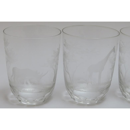 209 - A group of five Rowland Ward ‘Safari’ engraved glass tumblers. Decorated with an elephant, lion, gir... 