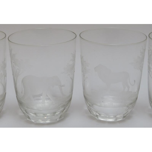 209 - A group of five Rowland Ward ‘Safari’ engraved glass tumblers. Decorated with an elephant, lion, gir... 