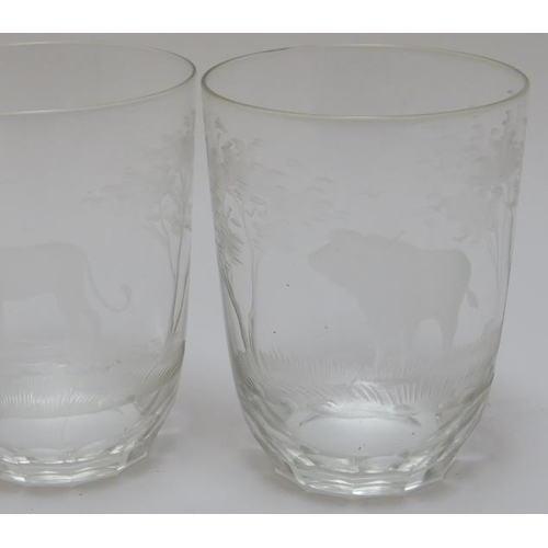 209 - A group of five Rowland Ward ‘Safari’ engraved glass tumblers. Decorated with an elephant, lion, gir... 