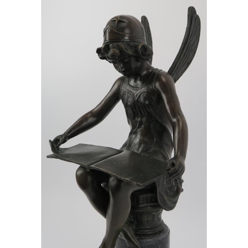 217 - A large French bronze of a fairy reading seated on a marble plinth, 20th century. Signed Charron wit... 