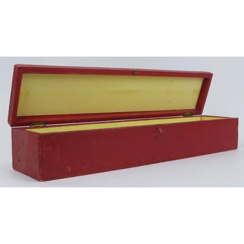 239 - A George V red leather scroll box with gilt embossed royal cipher and crowns. 48.6 cm length.
Condit... 