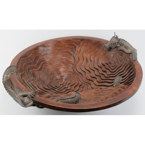 253 - A large Chinese carved teak wood and white metal dragon centrepiece bowl, late 20th/early 21st centu... 