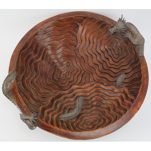 253 - A large Chinese carved teak wood and white metal dragon centrepiece bowl, late 20th/early 21st centu... 